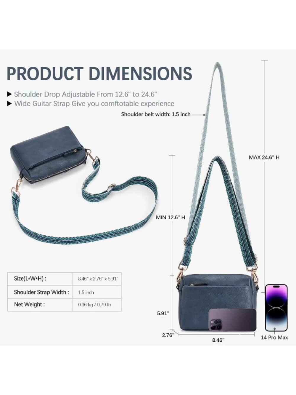 Women's Navy Blue Leather Triple Zip Crossbody Bag Purse with Shoulder Straps - Picture 3 of 6